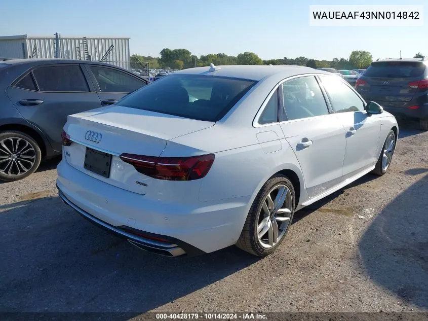 WAUEAAF43NN014842 2022 Audi A4 Premium Plus 45