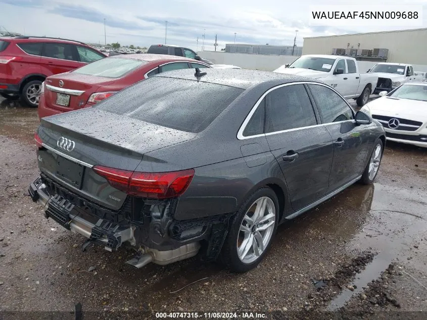 2022 Audi A4 Premium Plus 45 Tfsi S Line Quattro S Tronic VIN: WAUEAAF45NN009688 Lot: 40747315