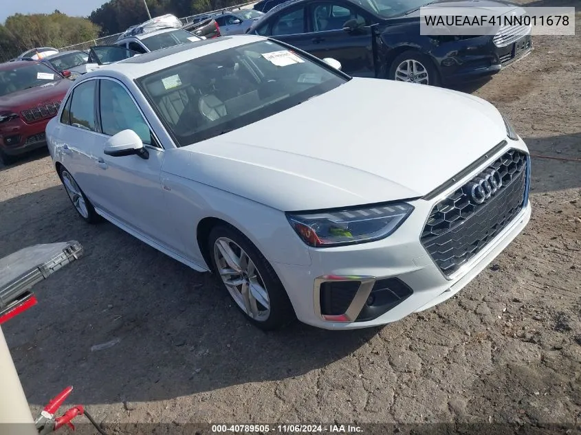 2022 Audi A4 Premium Plus 45 Tfsi S Line Quattro S Tronic VIN: WAUEAAF41NN011678 Lot: 40789505