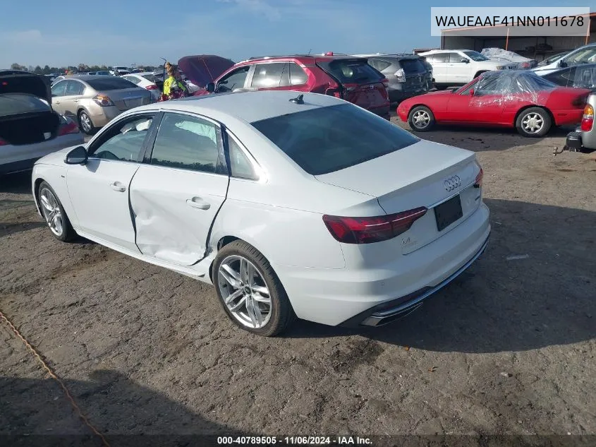 2022 Audi A4 Premium Plus 45 Tfsi S Line Quattro S Tronic VIN: WAUEAAF41NN011678 Lot: 40789505