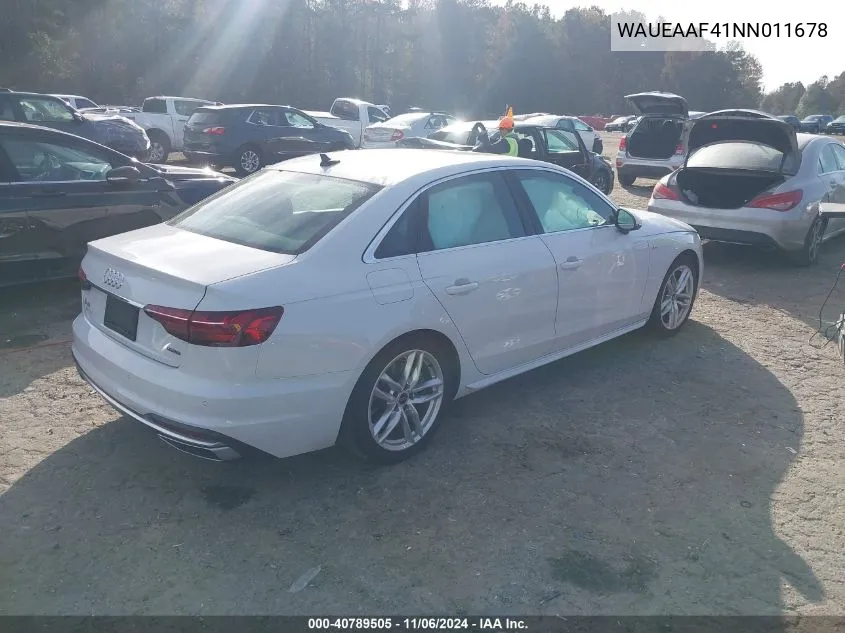 2022 Audi A4 Premium Plus 45 Tfsi S Line Quattro S Tronic VIN: WAUEAAF41NN011678 Lot: 40789505