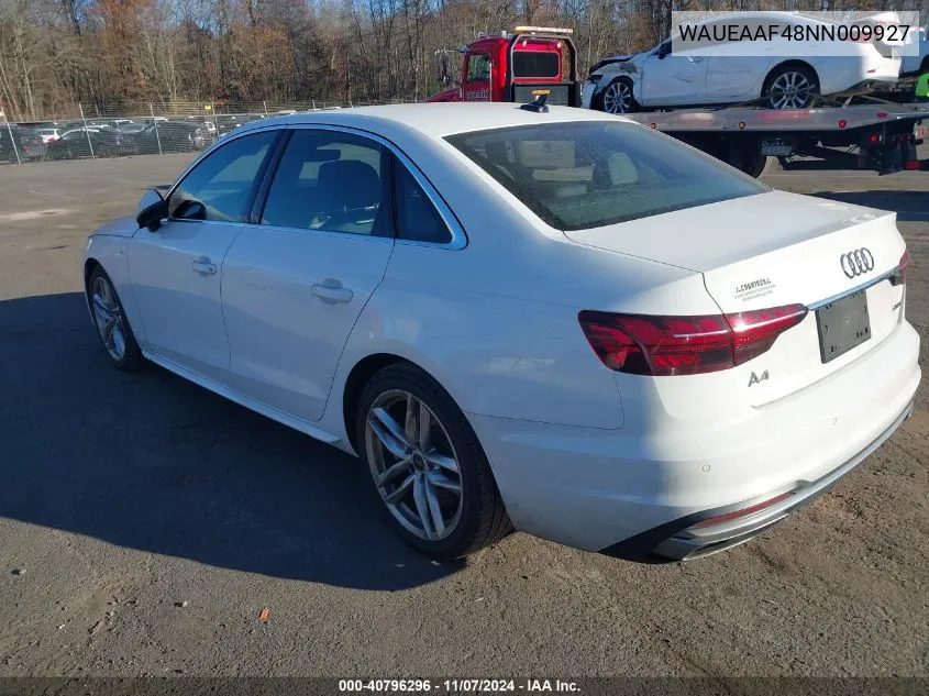 2022 Audi A4 Premium Plus 45 Tfsi S Line Quattro S Tronic VIN: WAUEAAF48NN009927 Lot: 40796296