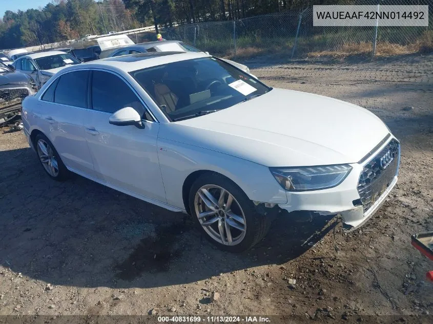 2022 Audi A4 Premium Plus 45 Tfsi S Line Quattro S Tronic VIN: WAUEAAF42NN014492 Lot: 40831699