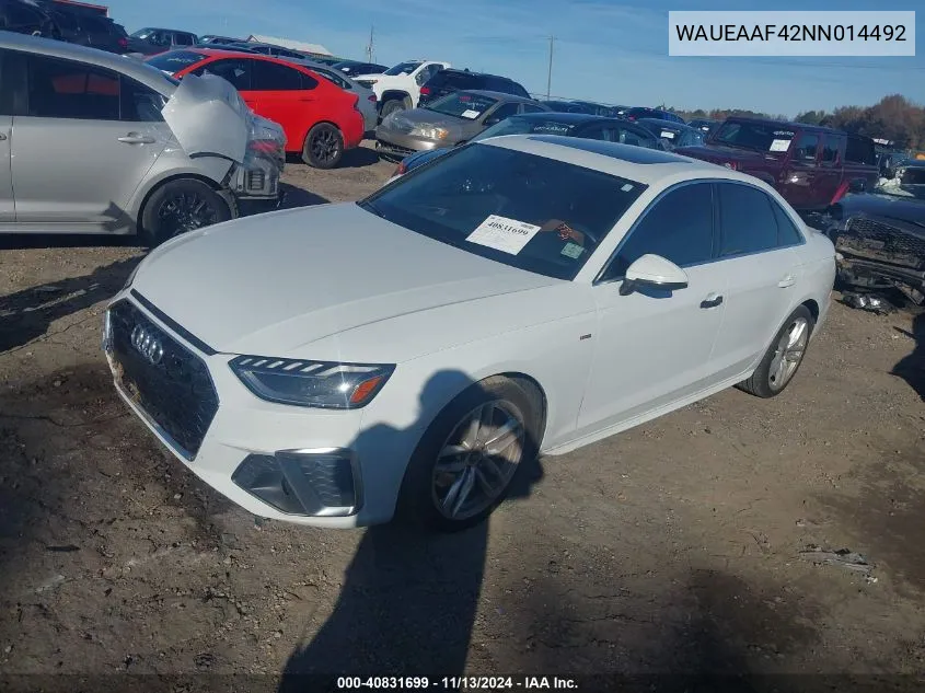 2022 Audi A4 Premium Plus 45 Tfsi S Line Quattro S Tronic VIN: WAUEAAF42NN014492 Lot: 40831699