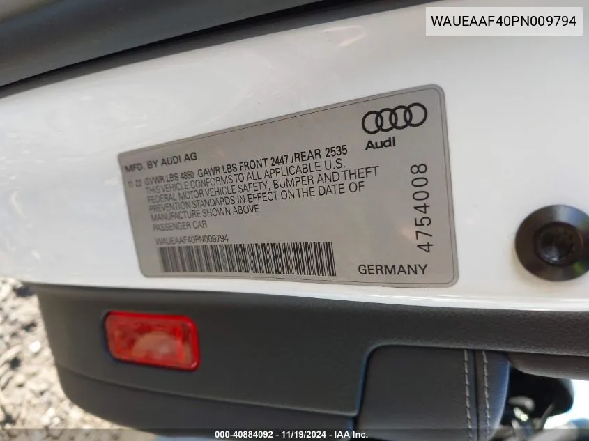 2023 Audi A4 Premium Plus 45 Tfsi S Line Quattro S Tronic VIN: WAUEAAF40PN009794 Lot: 40884092