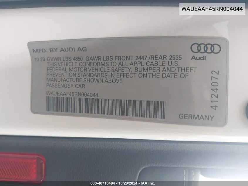 2024 Audi A4 Premium Plus 45 Tfsi S Line Quattro S Tronic VIN: WAUEAAF45RN004044 Lot: 40716484