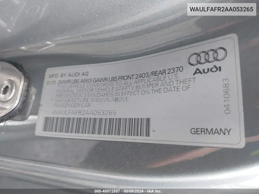 2010 Audi A5 2.0T Premium VIN: WAULFAFR2AA053265 Lot: 40072557