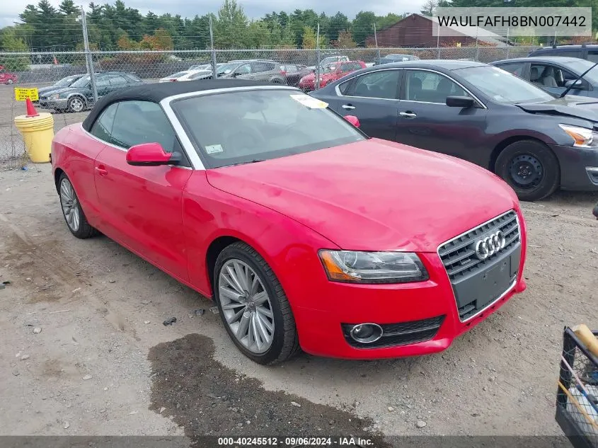 2011 Audi A5 2.0T Premium VIN: WAULFAFH8BN007442 Lot: 40245512