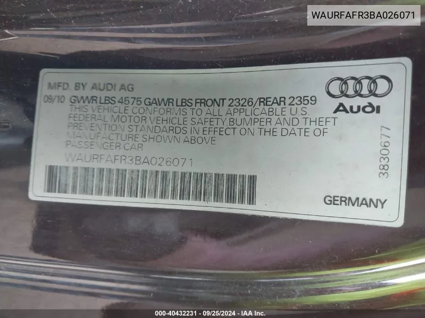 2011 Audi A5 2.0T Premium VIN: WAURFAFR3BA026071 Lot: 40432231