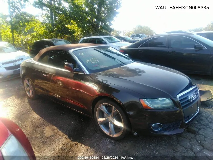 2012 Audi A5 2.0T Prestige VIN: WAUTFAFHXCN008335 Lot: 40190584