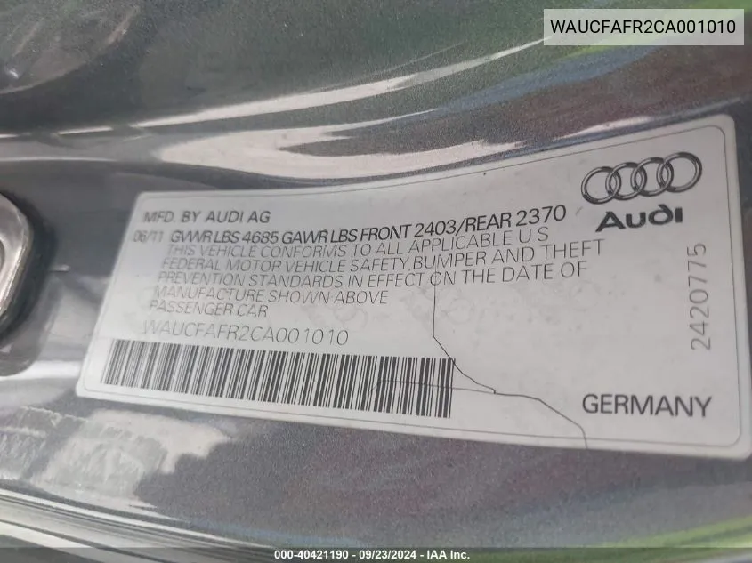 WAUCFAFR2CA001010 2012 Audi A5 2.0T Premium