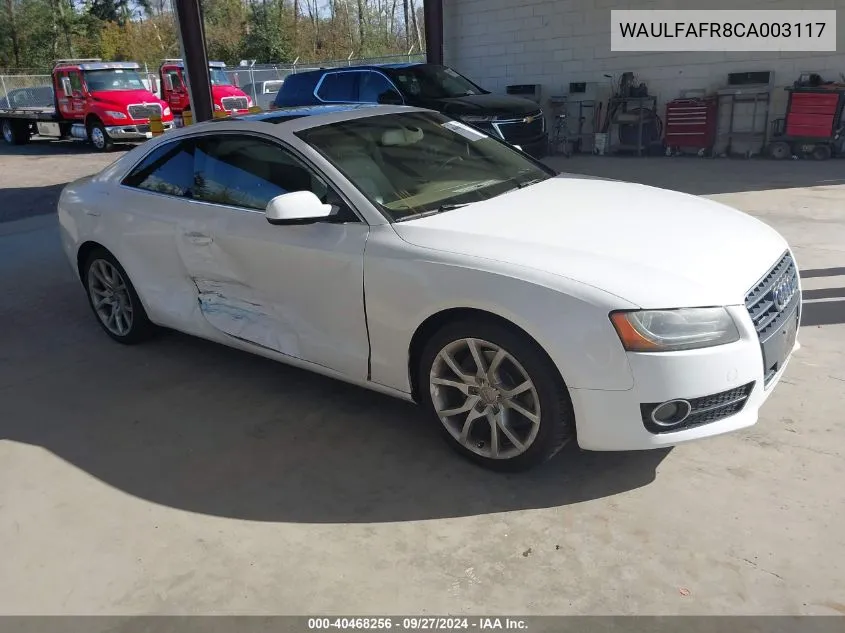 2012 Audi A5 2.0T Premium VIN: WAULFAFR8CA003117 Lot: 40468256