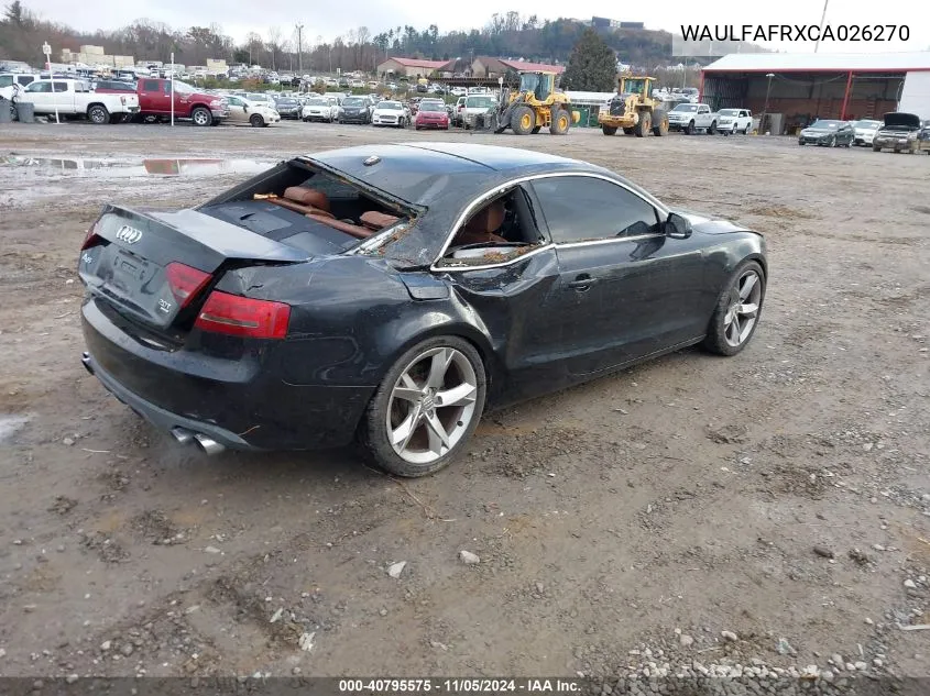 2012 Audi A5 2.0T Premium VIN: WAULFAFRXCA026270 Lot: 40795575