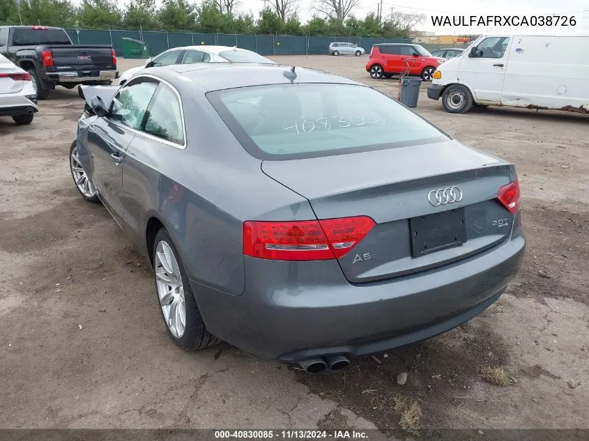 2012 Audi A5 2.0T Premium VIN: WAULFAFRXCA038726 Lot: 40830085