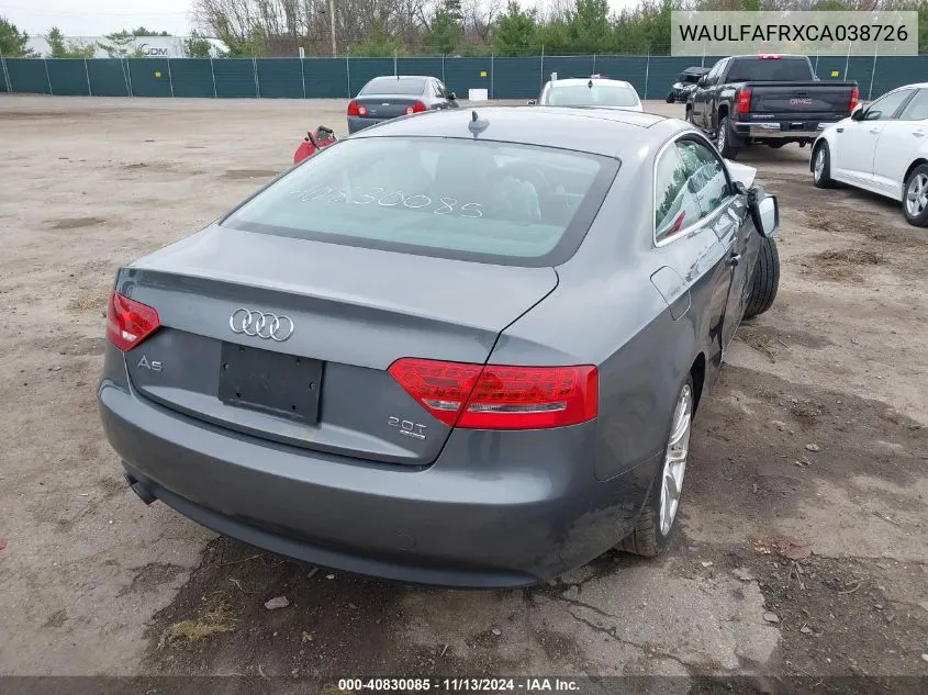 2012 Audi A5 2.0T Premium VIN: WAULFAFRXCA038726 Lot: 40830085