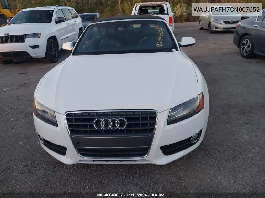 2012 Audi A5 2.0T Premium VIN: WAUJFAFH7CN007652 Lot: 40848527