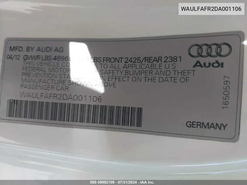 WAULFAFR2DA001106 2013 Audi A5 2.0T Premium