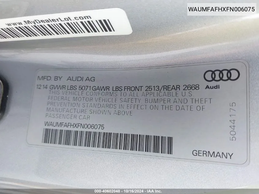 2015 Audi A5 2.0T Premium VIN: WAUMFAFHXFN006075 Lot: 40602048