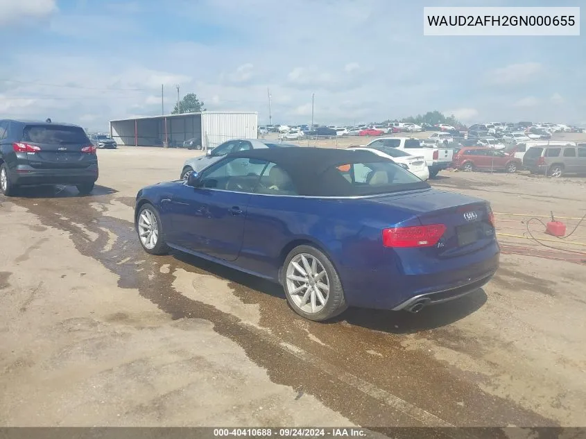 2016 Audi A5 2.0T Premium VIN: WAUD2AFH2GN000655 Lot: 40410688