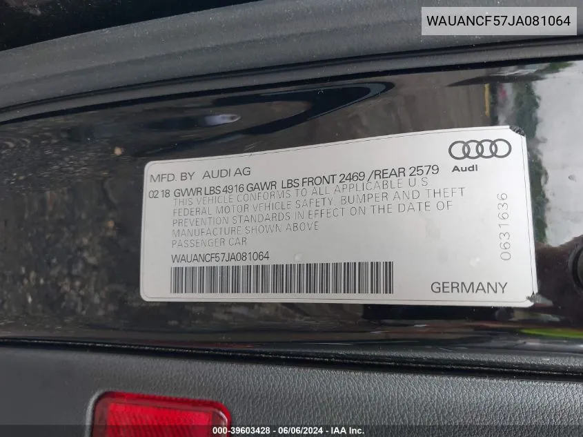 WAUANCF57JA081064 2018 Audi A5 2.0T Premium