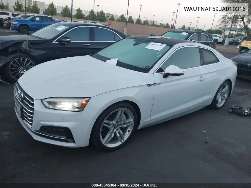 2018 Audi A5 2.0T Premium VIN: WAUTNAF59JA010316 Lot: 40345384