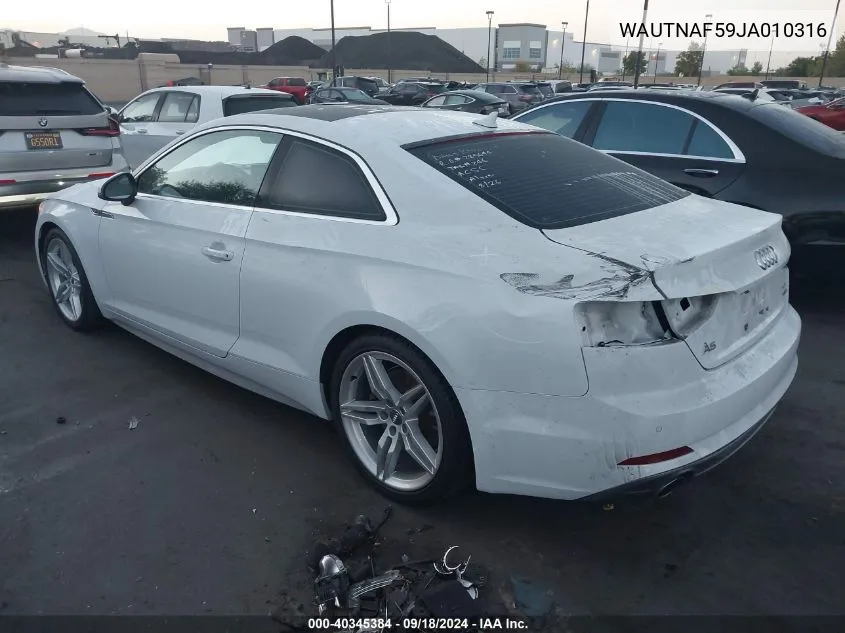 2018 Audi A5 2.0T Premium VIN: WAUTNAF59JA010316 Lot: 40345384