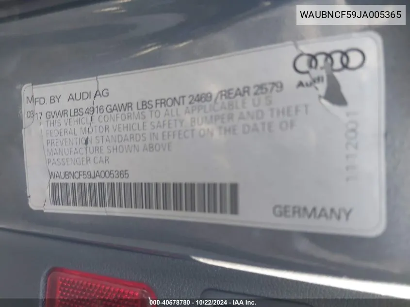 2018 Audi A5 2.0T Premium VIN: WAUBNCF59JA005365 Lot: 40578780