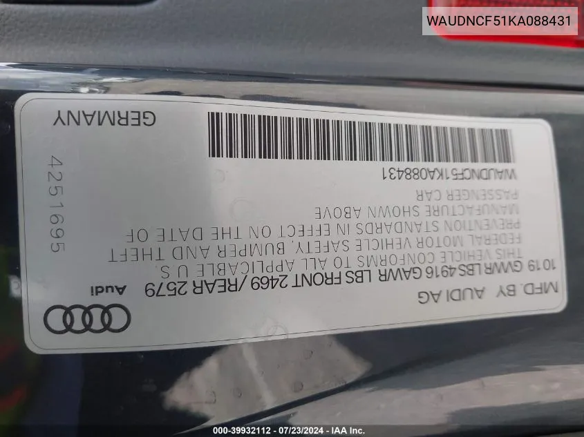 WAUDNCF51KA088431 2019 Audi A5 45 Premium