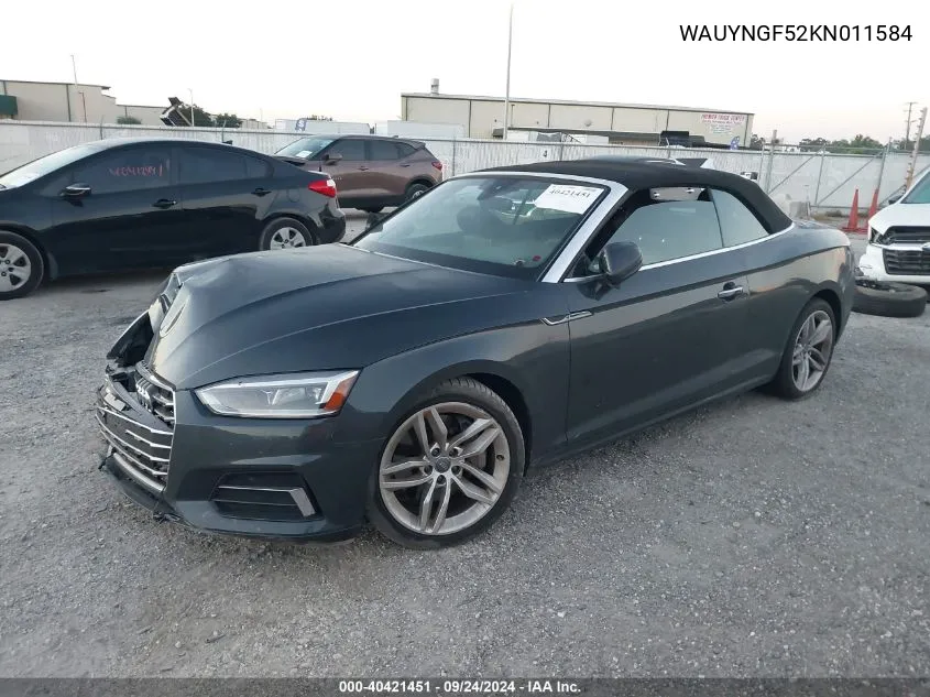 2019 Audi A5 Premium Plus VIN: WAUYNGF52KN011584 Lot: 40421451