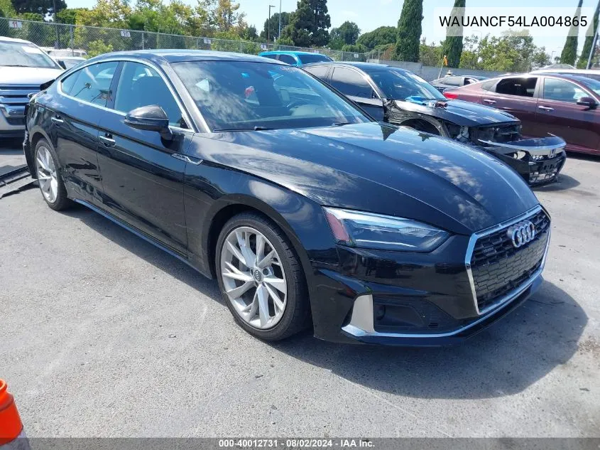 2020 Audi A5 Sportback Premium 45 Tfsi Quattro S Tronic VIN: WAUANCF54LA004865 Lot: 40012731