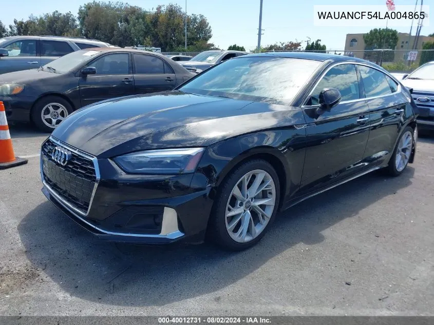 2020 Audi A5 Sportback Premium 45 Tfsi Quattro S Tronic VIN: WAUANCF54LA004865 Lot: 40012731