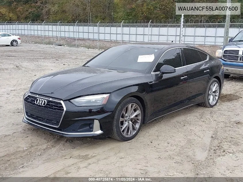 2020 Audi A5 Sportback Premium 45 Tfsi Quattro S Tronic VIN: WAUANCF55LA007600 Lot: 40725874