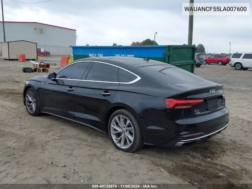 2020 Audi A5 Sportback Premium 45 Tfsi Quattro S Tronic VIN: WAUANCF55LA007600 Lot: 40725874