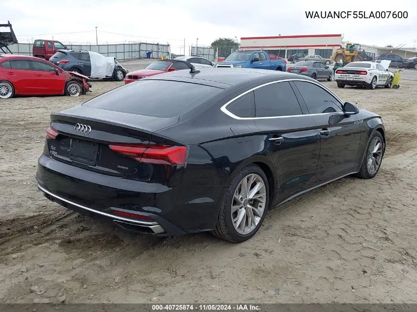 2020 Audi A5 Sportback Premium 45 Tfsi Quattro S Tronic VIN: WAUANCF55LA007600 Lot: 40725874