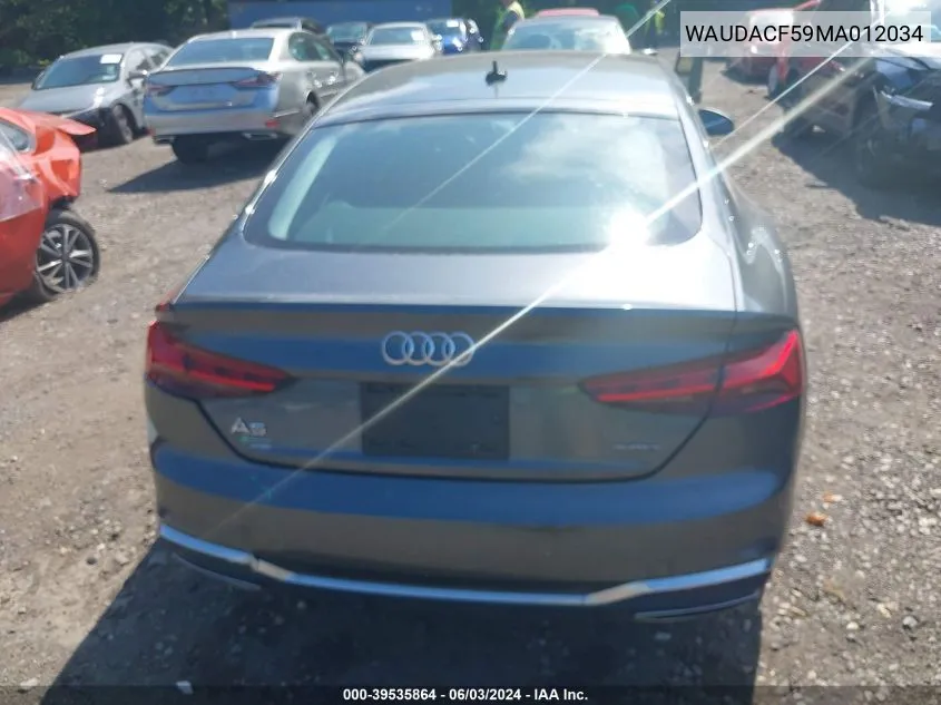 2021 Audi A5 Sportback Premium 45 Tfsi Quattro S Tronic VIN: WAUDACF59MA012034 Lot: 39535864