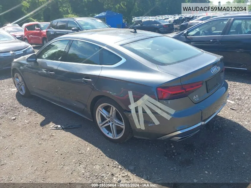 2021 Audi A5 Sportback Premium 45 Tfsi Quattro S Tronic VIN: WAUDACF59MA012034 Lot: 39535864