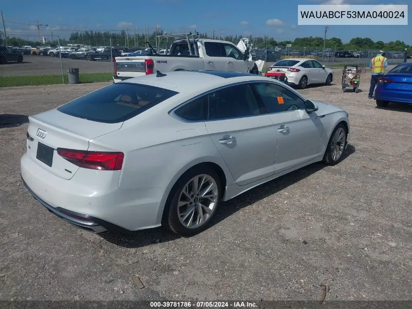 2021 Audi A5 Sportback Premium 40 Tfsi Quattro S Tronic VIN: WAUABCF53MA040024 Lot: 39781786