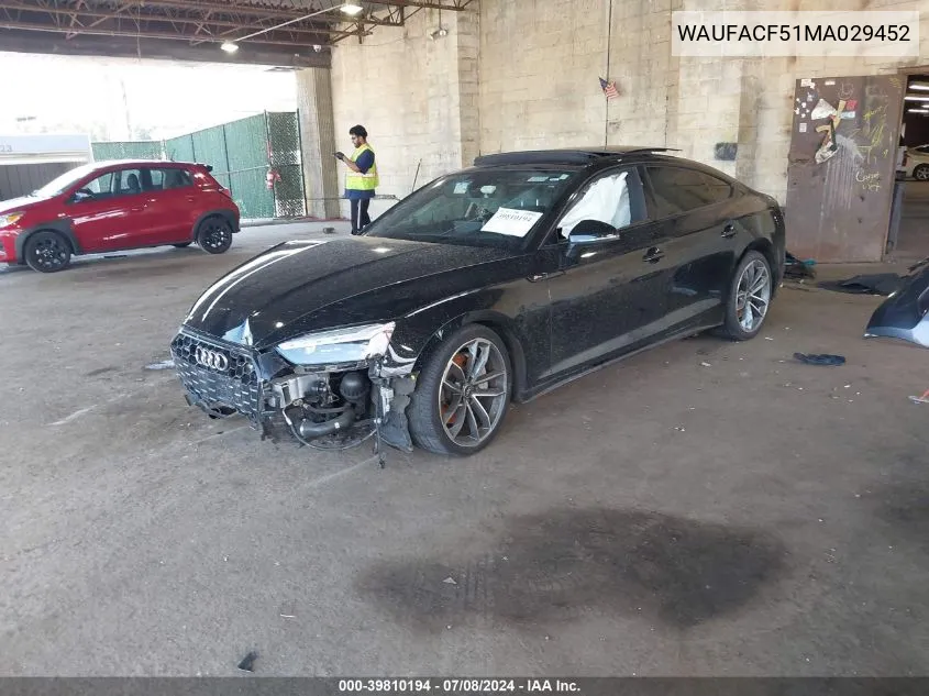 2021 Audi A5 Sportback Premium Plus 45 Tfsi Quattro S Tronic VIN: WAUFACF51MA029452 Lot: 39810194