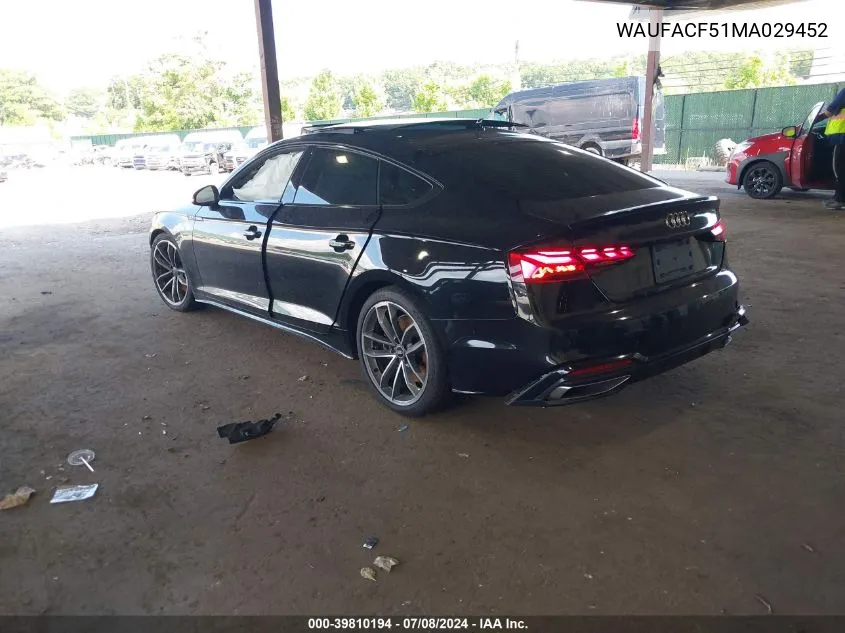 2021 Audi A5 Sportback Premium Plus 45 Tfsi Quattro S Tronic VIN: WAUFACF51MA029452 Lot: 39810194