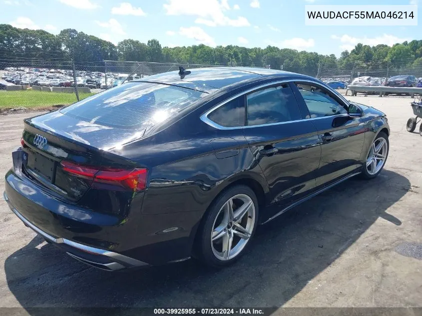 2021 Audi A5 Sportback Premium 45 Tfsi Quattro S Tronic VIN: WAUDACF55MA046214 Lot: 39925955