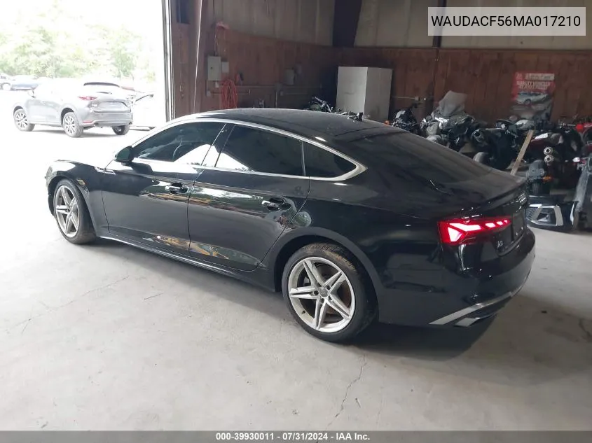 2021 Audi A5 Sportback Premium 45 Tfsi Quattro S Tronic VIN: WAUDACF56MA017210 Lot: 39930011