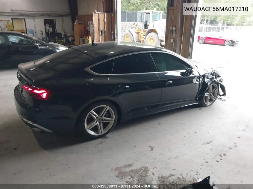 2021 Audi A5 Sportback Premium 45 Tfsi Quattro S Tronic VIN: WAUDACF56MA017210 Lot: 39930011