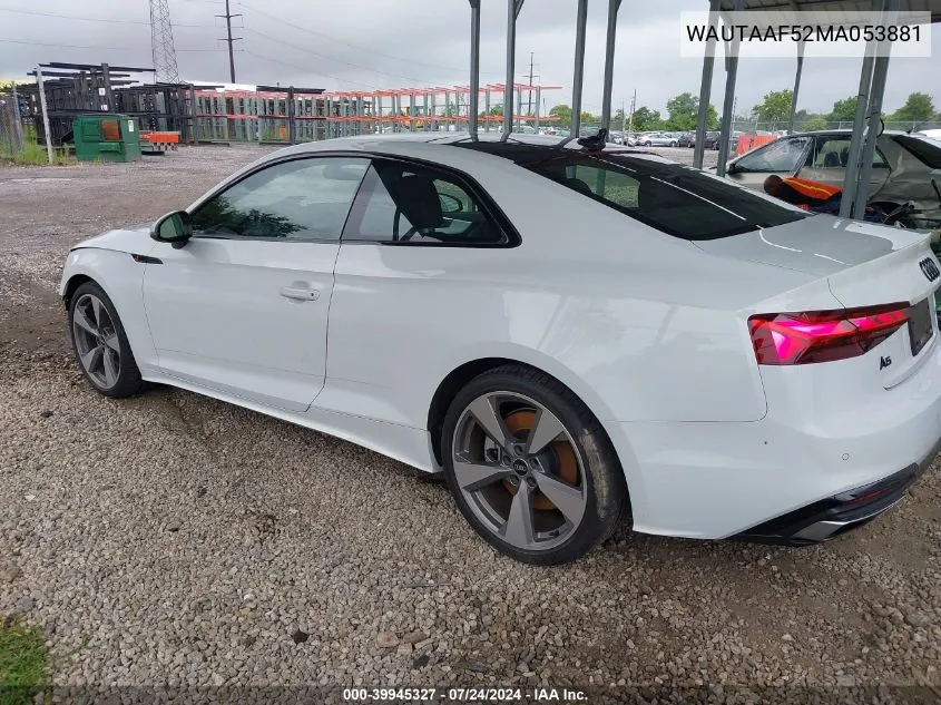 2021 Audi A5 Premium Plus 45 Tfsi Quattro S Tronic VIN: WAUTAAF52MA053881 Lot: 39945327