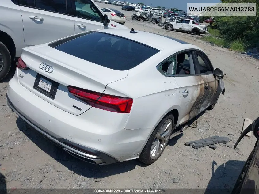 2021 Audi A5 Sportback Premium 40 Tfsi Quattro S Tronic VIN: WAUABCF56MA043788 Lot: 40040229