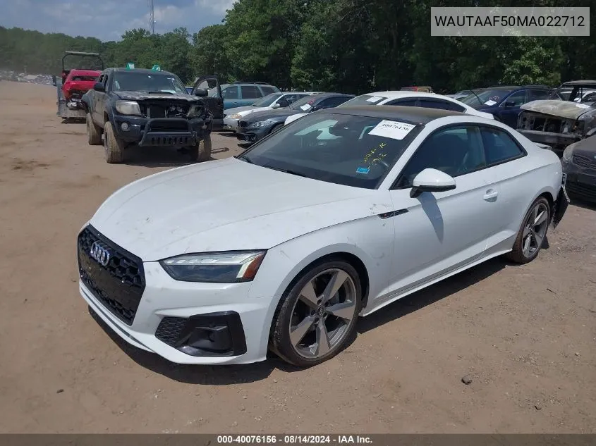 2021 Audi A5 Premium Plus 45 Tfsi Quattro S Tronic VIN: WAUTAAF50MA022712 Lot: 40076156