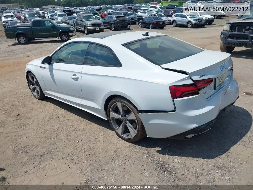 2021 Audi A5 Premium Plus 45 Tfsi Quattro S Tronic VIN: WAUTAAF50MA022712 Lot: 40076156