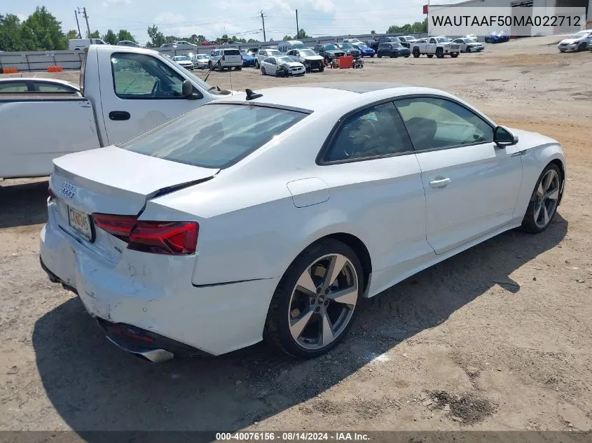 2021 Audi A5 Premium Plus 45 Tfsi Quattro S Tronic VIN: WAUTAAF50MA022712 Lot: 40076156