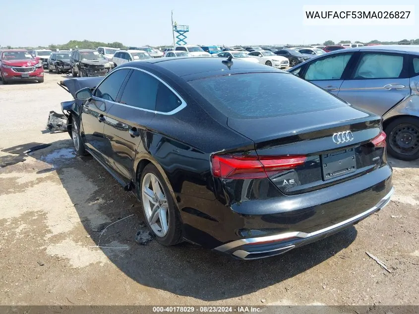 2021 Audi A5 Sportback Premium Plus 45 Tfsi Quattro S Tronic VIN: WAUFACF53MA026827 Lot: 40178029