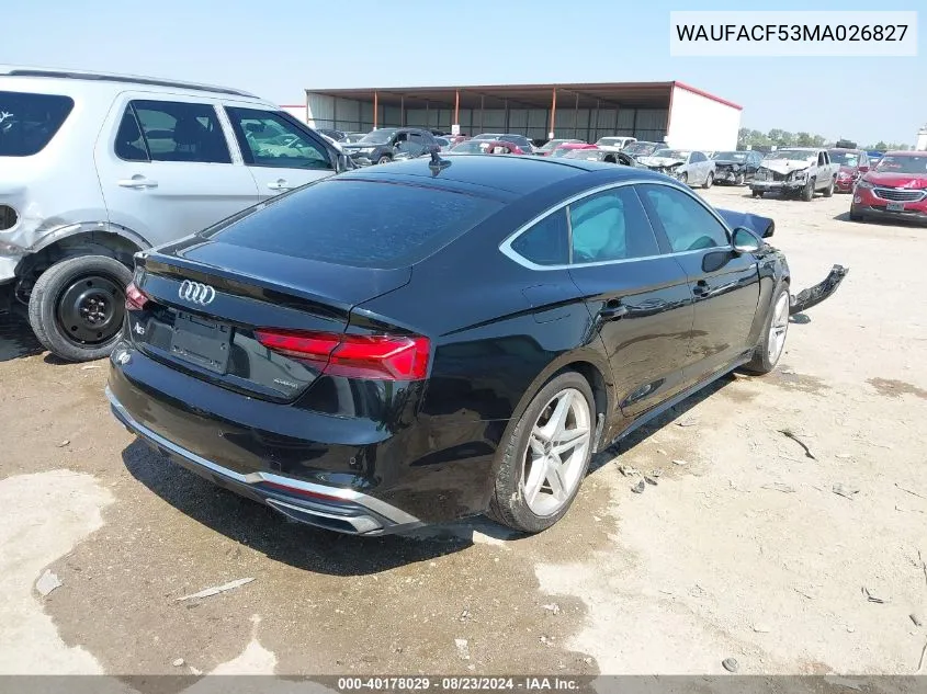 2021 Audi A5 Sportback Premium Plus 45 Tfsi Quattro S Tronic VIN: WAUFACF53MA026827 Lot: 40178029