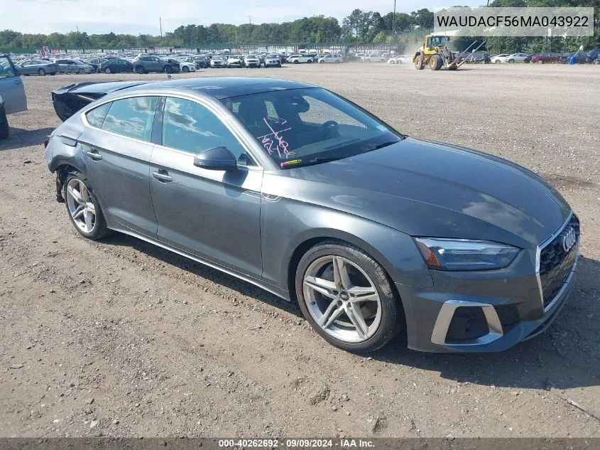 2021 Audi A5 Sportback Premium 45 Tfsi Quattro S Tronic VIN: WAUDACF56MA043922 Lot: 40262692